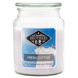 A large, round, white candle in a clear glass jar. The label on the jar features the brand name "Candle Brothers" and the scent "Fresh Cotton".