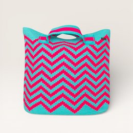 French blue turquoise handbag with pink zigzag chevron pattern, oval top handle tote bag