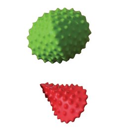 Two textured sensory balls, one green and one red, with bumpy surfaces for tactile stimulation.