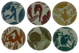 Oval-shaped serving plate with abstract camouflage-style pattern in earthy tones of green, brown, and red.