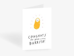Greeting card with a cute burrito illustration and the text "Congrats on your little burrito". The card is made of white paper with a brown envelope.