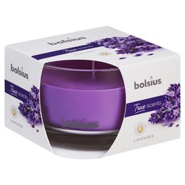  Lavender-scented pillar candle in a purple glass container. The candle has a simple, elegant design that would complement a variety of home decor styles.