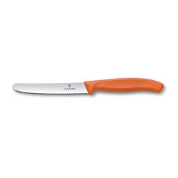  Orange-handled serrated tomato knife from Victorinox, suitable for slicing and cutting tomatoes and other soft vegetables.