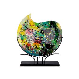  Decorative round glass vase in vibrant colors of yellow, green, and pink with a splattered paint effect, displayed on a black metal stand.