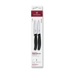 A smooth and serrated peeling knife set in black, measuring 10cm in length, suitable for chopping tasks in the kitchen.