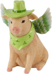 A winged pig figurine wearing a green hat and scarf, with a whimsical and playful design.