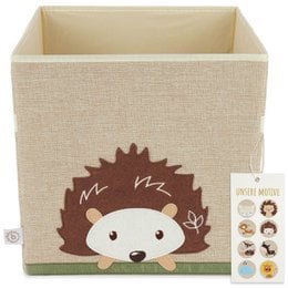 Beige storage box with a cute hedgehog design, suitable for storing kids' toys and items. Made of durable fabric material.