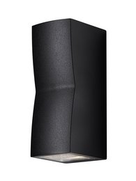 Black rectangular wall lamp with up and downlight functionality, suitable for outdoor use.