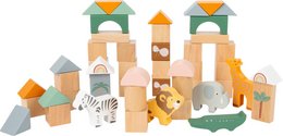 Wooden building blocks in a "Safari" theme, featuring various animal shapes and neutral colors. Ideal for developing motor skills and hand-eye coordination in young children.