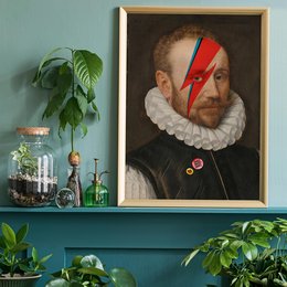 Rebel Bowie Print - Poster featuring a portrait of a man with a red lightning bolt design on his face, against a dark background. The poster is available in various sizes and finishes.