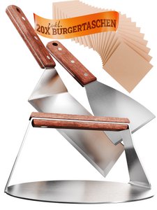 Burger Smashher & Grill Spatula Set [4-PC.] Roestvrij staal met Acacia Wood Handgreep voor Plancha, Grill-plaat, gasrooster en vuurplaat