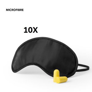 10 X BLACK TRAVEL SET OF MASK AND EARPLUGS. MASK IN SOFT AND COMFORTABLE MICROFIBER WITH ELASTIC ADJUSTMENT IN MATCHING COLOR. PAIR OF EARPLUGS IN COMFORTABLE EVA MATERIAL.