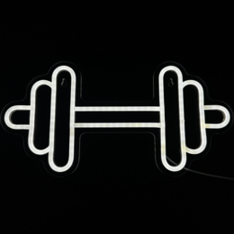 Neon dumbbell-shaped lamp, suitable for fitness and gym decor, includes mounting hooks, measures 20 x 40 cm.