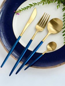 4-delige blauw- en goudkleurige bestekset – roestvrijstalen bestek – tweekleurige afwerking