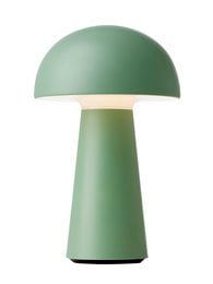 Dusty green table lamp with rounded dome-shaped shade and cylindrical base.