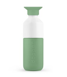  A reusable 350ml water bottle with a white and green color scheme, featuring a sleek, cylindrical shape.