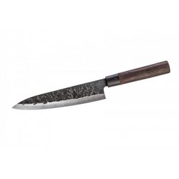 An 8-inch chef's knife with a wenge wood handle, featuring a hammered stainless steel blade for a unique texture and enhanced cutting performance.