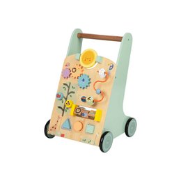 Wooden toy wheelbarrow with colorful shapes, textures, and moving parts for educational play. Encourages fine motor skills, hand-eye coordination, and exploration.