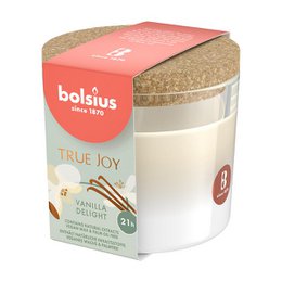  Bolsius Scented glass + cork Vanilla Delight pillar candle. Cream-colored candle with a vanilla scent, encased in a glass container with a cork lid.