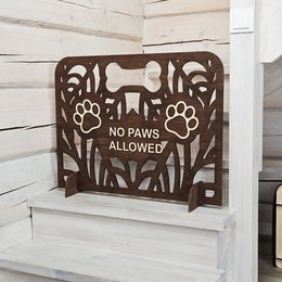  Freestanding wooden dog gate with a no-paws allowed sign, available in natural, brown, grey, white rustic, black, and pink colors. Suitable for indoor use in doorways, hallways, and stairs to keep pets contained.