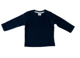 Long-sleeved navy blue baby shirt with snap buttons on the shoulder. Made of soft, comfortable cotton material.