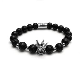 A black beaded bracelet with a crown charm, made of volcanic stones, available in sizes XS to XL.