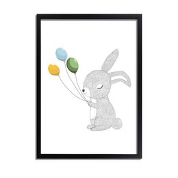 Kinderzimmer Poster Kaninchen mit Luftballons - Gelb blau grün