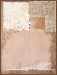 Textured abstract artwork with neutral tones and geometric shapes. Includes a mix of materials like burlap, paper, and paint.
