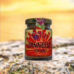 Organic cinnamon powder in a glass jar with a vibrant, hand-painted label featuring a floral design and the text "Hannegan House".