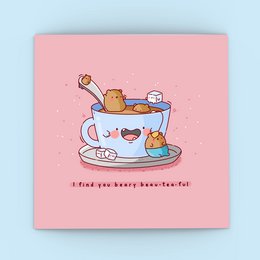 Cute tea-themed greeting card with a whimsical illustration of a teacup filled with various tea-related items. The card features a playful message about finding your happy tea-time.