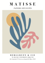 Colorful abstract paper cut-out shapes in blue, orange, and red. Depicts a stylized floral or leaf-like design in the Matisse paper cut-out style.