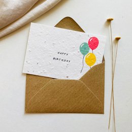  White plantable greeting card with colorful balloons, kraft envelope, biodegradable birthday card A7 format