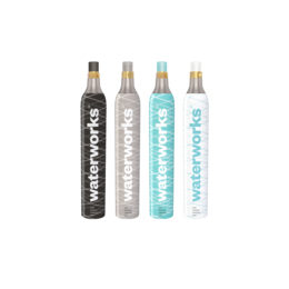 White, silver, blue, and black CO2 cylinders suitable for various soda water makers like SodaStream, Quooker, Grohe Blue, Aarke, Brita, and WasserMaxx. Capacity of up to 60 liters per fill.