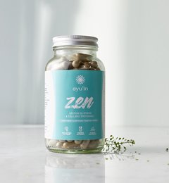 Zen - 120 organic Ayurvedic capsules for relaxation and wellness. Contains natural ingredients like ashwagandha, turmeric, and ginger.