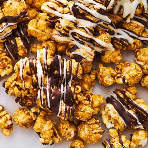 Zebra Popcorn: Caramel Sea Salt coated in milk and white Chocolate