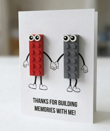  Lego brick characters postcard, red and gray building blocks, thank you card, memories, friendship, multilingual greeting card