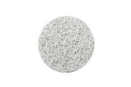 A round, white soap dish made of a woven, wire-like material.