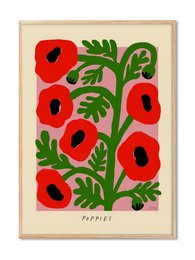 Vibrant red poppies with green leaves on a beige background. This poster features a bold, stylized floral design that would make an eye-catching addition to any room.