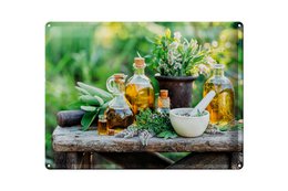  "Tin sign oils herbs wooden table green botanical decorative wall art rustic kitchen"