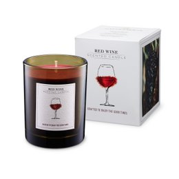  Red wine scented candle, dark glass container, wine glass design, burgundy red color, luxury home fragrance.