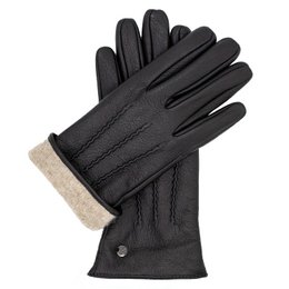  Black leather gloves with cashmere wool lining and touchscreen functionality.