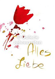  Red rose flower greeting card with gold text "alles liebe" and "liebe", friendship card with romantic floral design.