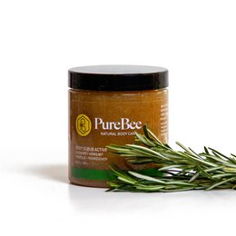A rosemary-infused body scrub in a 100g or 250g jar, featuring a natural, earthy scent and exfoliating properties.