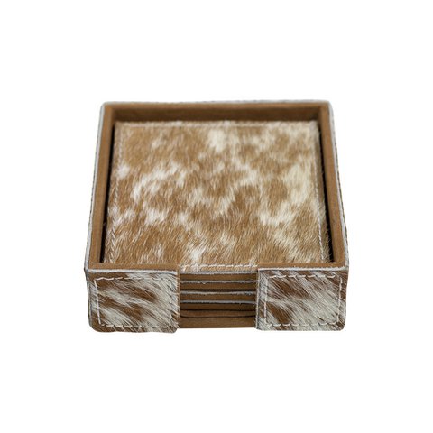Coaster cowhide square brown/white 10cm (set of 4)