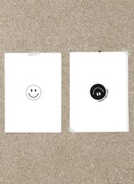 Colorful greeting cards with positive messages and simple smiley face designs. Cards feature text like "Just Smile" and "Good Vibes Only" in various colors.