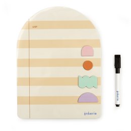 A pink magnetic board with a list of items like lettuce, tomatoes, orange juice, and post office call. The board has a striped pattern and includes a pen.