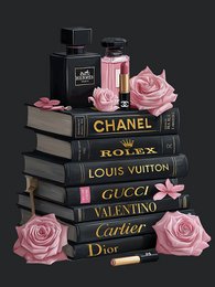 Luxury fashion books stack pink roses Chanel Louis Vuitton Gucci Dior Cartier painting