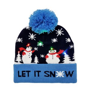 Knipperende muts - Blauw w. sneeuwpop "Laat het sneeuwen"