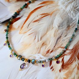 Colorful necklace with Indian agate, amethyst, and dangling gemstone charms.