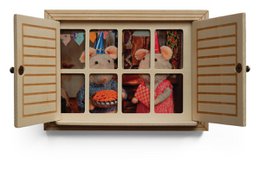 Wooden doll house furniture cabinet with shuttered doors, natural wood finish, miniature display case.